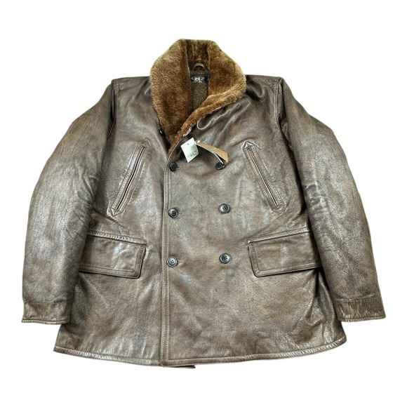 RRL Jackets & Blazers - RRL Ralph Lauren Leather Double Breasted Moto Antiqued Fur jacket Size Large NWT